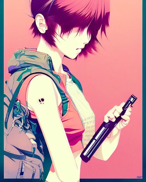 Image similar to girl holding flashbang, detailed manga illustration!! intricate details, beautiful perfect face, perfect body, aesthetically pleasing pastel colors, poster background, aesthetic details, art by conrad roset and ilya kuvshinov