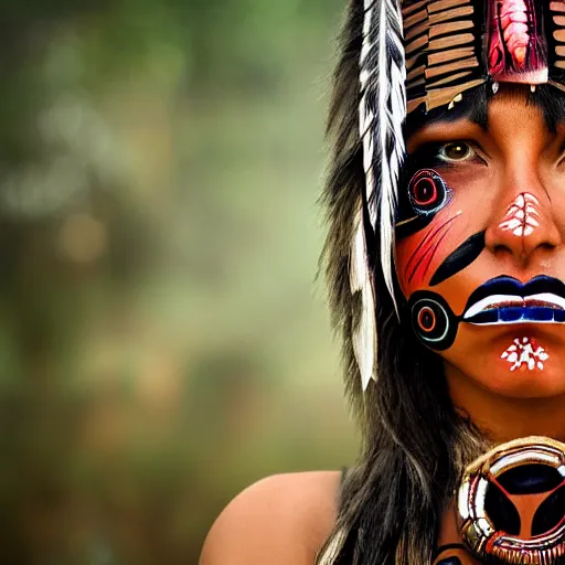 Prompt: a beautiful female indigenous warrior with futuristic face paint, ornamental markings, photorealistic, cinematic lighting, high resolution 4 k