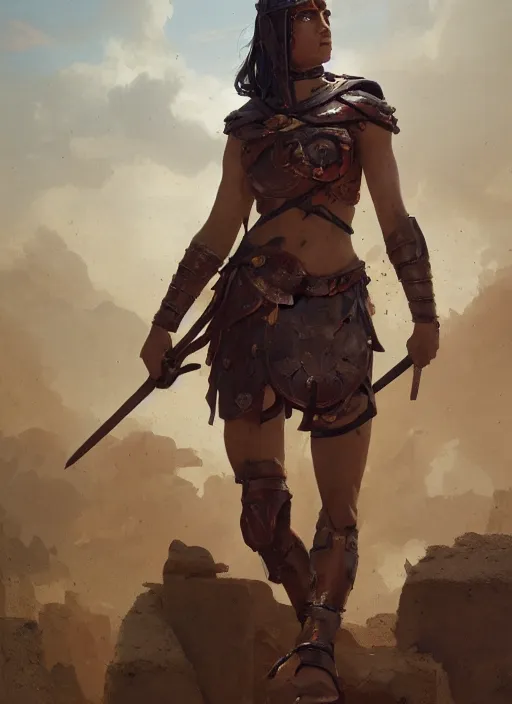 Image similar to hyper realistic photo of roman gladiator girl, full body, rule of thirds, conceptart, saturated colors, cinematic, greg rutkowski, brom, james gurney, mignola, craig mullins, artstation, cgsociety