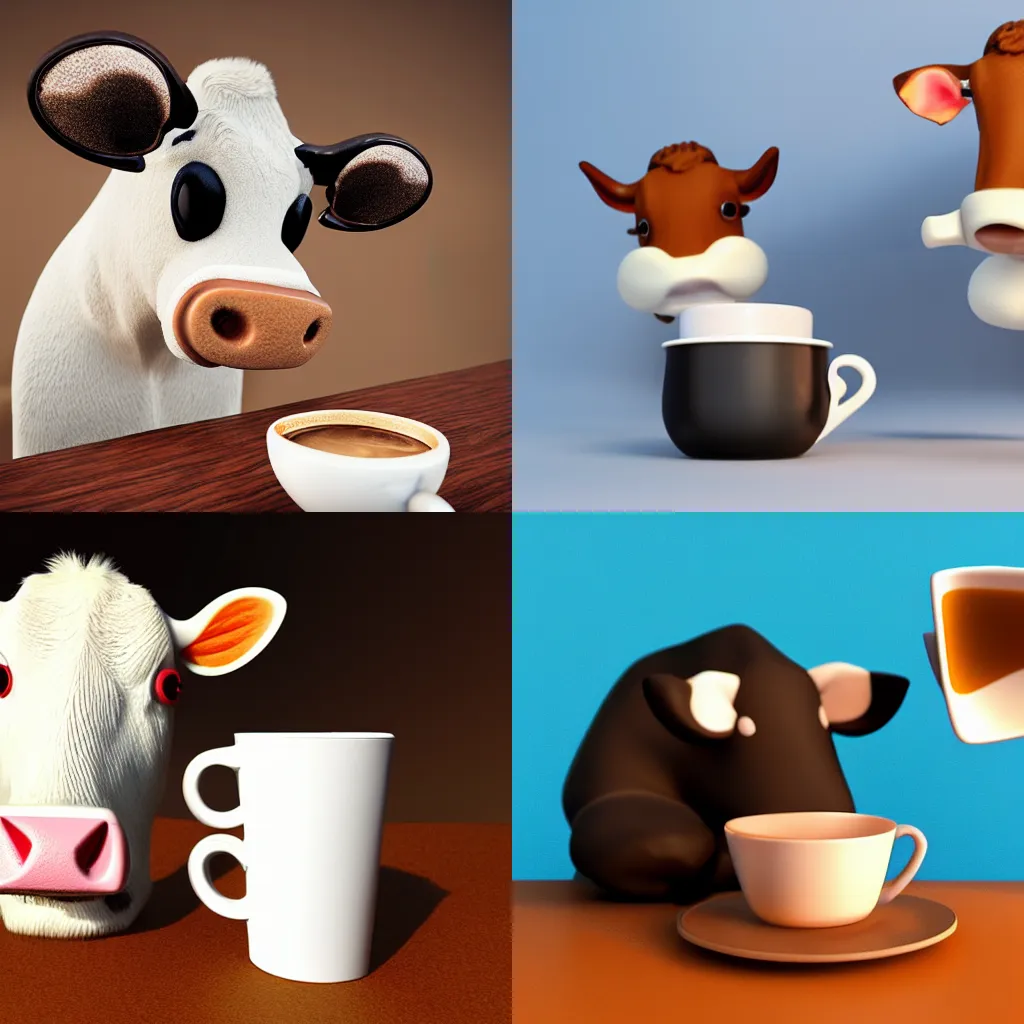 Prompt: cute cow drinking a cup of coffee, 3d render by Pixar, raytracing, dark background