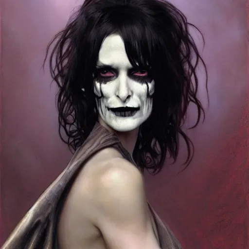 Image similar to portrait of winona ryder as death from sandman, gentle smile, by cedric peyravernay, boris vallejo, alphonse mucha, by jeremy mann, by lecouffe deharme, goth chic, soft lightning, eyeliner, punk rock, high detailed, 8 k, hyperrealism, donato giancola, joseph christian leyendecker, illustration, artgerm