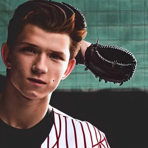 Image similar to “a realistic photo of a guy who is an attractive baseball player man who is part cyborg and part humanoid, who is a robot, Tom Holland”