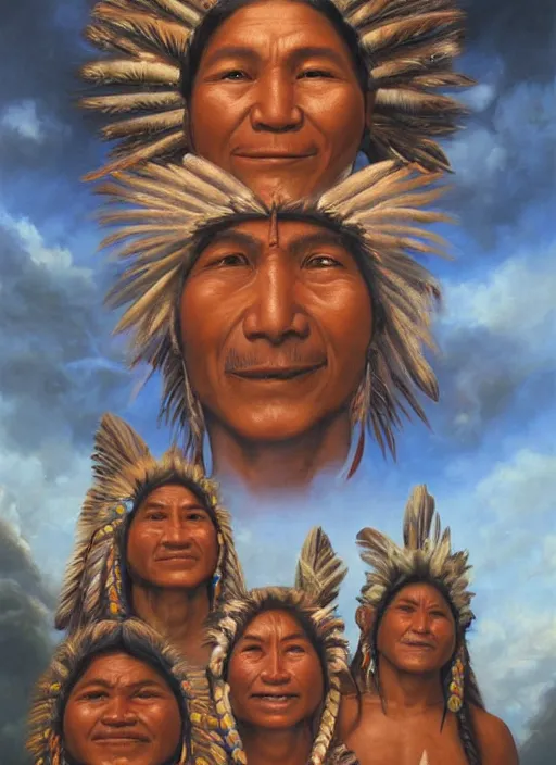 Prompt: faces of indigenous amazonian grandfathers and grandmothers spirits in the clouds, smiling, protection, benevolence, ancestors, detailed faces, religious painting, art by christophe vacher