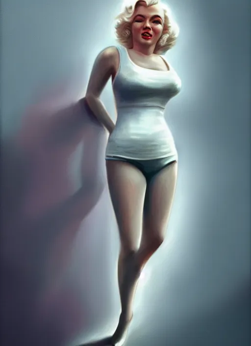Prompt: marilyn monroe detailed full clothing, half body shot, arms down, path traced, highly detailed, high quality, digital painting, alena aenami, arnold bocklin, tom bagshaw