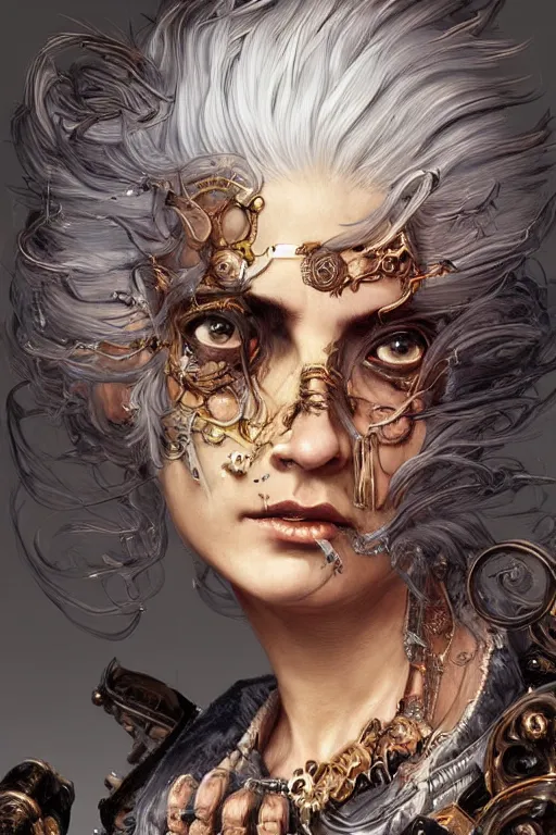 Image similar to portrait, headshot, insanely nice hair style, dramatic hair color, digital painting, of a old 17th century, old cyborg merchant, amber jewels, baroque, ornate clothing, scifi, realistic, hyperdetailed, chiaroscuro, concept art, art by Franz Hals and Jon Foster and Ayami Kojima and Amano and Karol Bak,