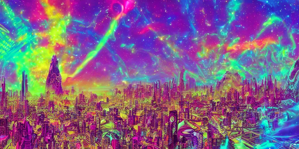 Image similar to proxima b psychedelic alien cityscape, light paint, macro, photorealistic, hyperrealistic, futuristic, in style of Lisa Frank, steampunk, cosmic, translucent, holographic, 32K, deep dream, rainbows, bright colors, high resolution, 4D, megapixel, UHD, HDR