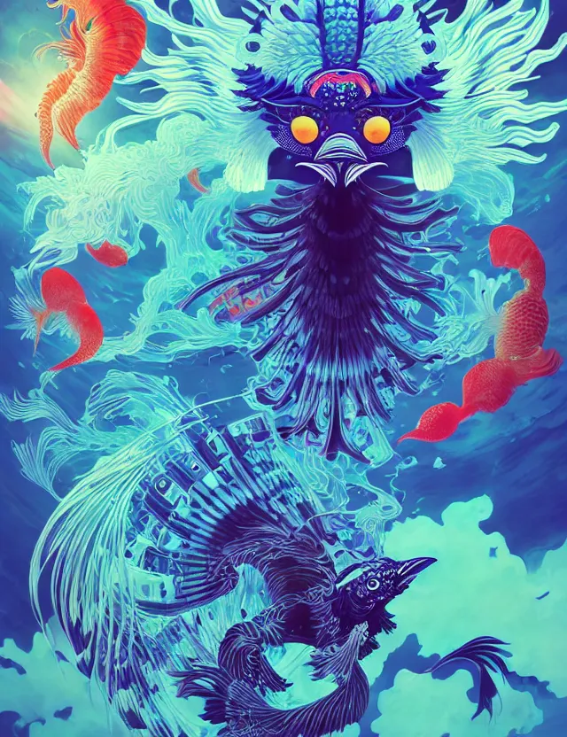 Image similar to new world order, intricately detailed japanese crow kitsune mask and clasical japanese kimono. betta fish, jellyfish phoenix, bio luminescent, plasma, ice, water, wind, creature, artwork by tooth wu and wlop and beeple and greg rutkowski