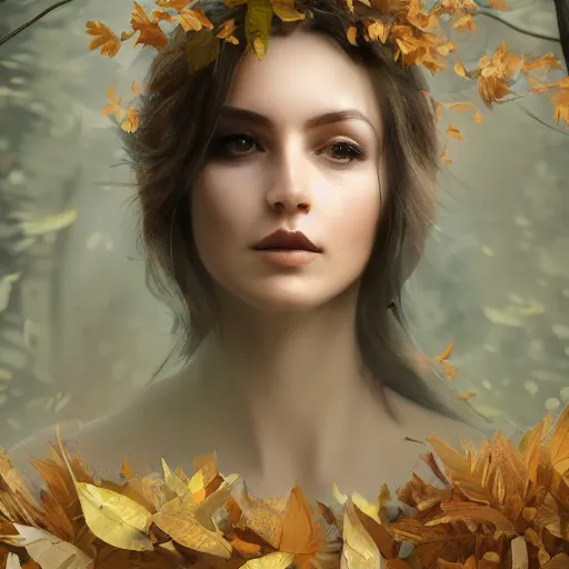 Image similar to a highly detailed digital image of an elegant figure surrounded and engulfed in leaves, matte background, artstation, detailed woman, stunning volumetric lighting, elegant, fantasy, 4k