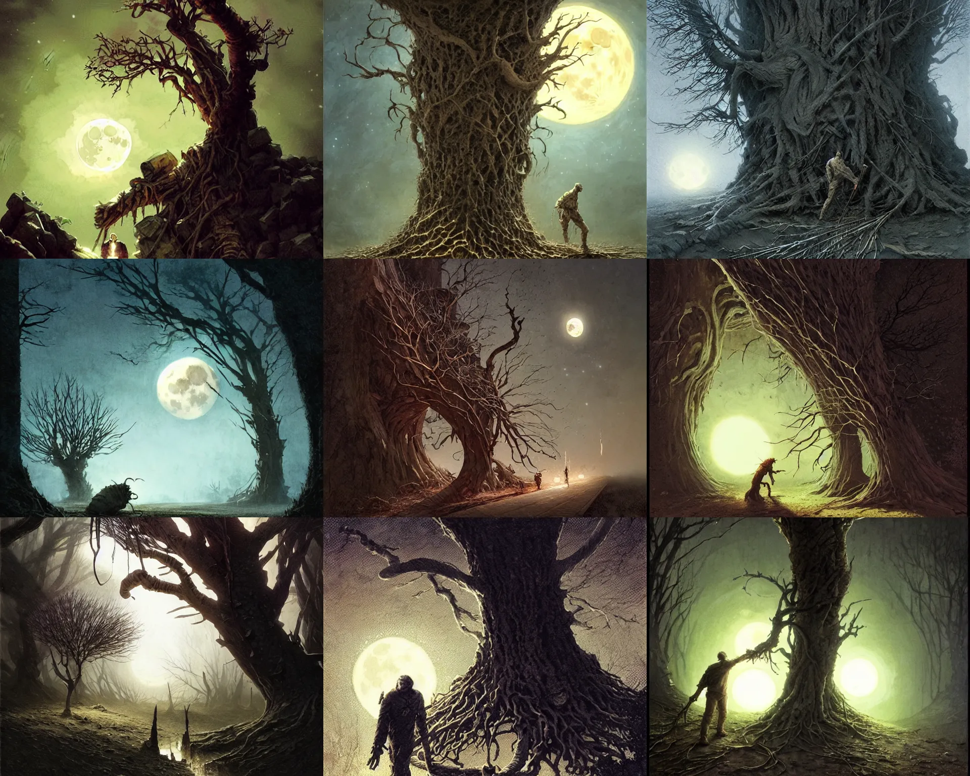 Prompt: rough fingers bludgeoning his lips, he stumbled, turned, ran to the road, glanced once more where the twisted trunk raked five branches at the moon by marc simonetti, hugh ferriss, james paick, greg rutkowski, aaron horkey