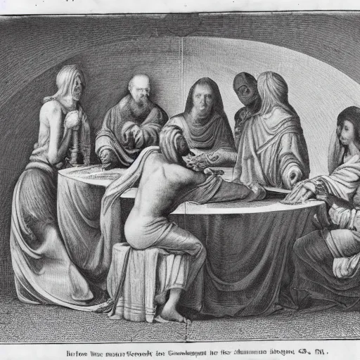 Image similar to A beautiful street art of a group of people standing around a circular table. In the center of the table is a large, open book. The people in the street art are looking at the book with interest and appear to be discussing its contents. Phoenician, nuremberg chronicle by Edward Weston a e s t h e t i c, soothing