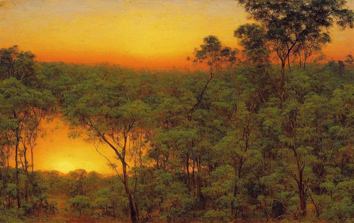 Prompt: birds eye view landscape of the forests of Dahomey in Benin, small village in centre, sun setting on horizon, 1885, colorful highly detailed oil on canvas, by Ilya Repin