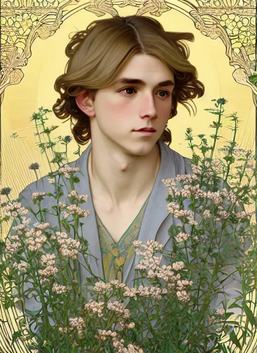 Prompt: pretty young man with shoulder length blond hair, male, half body shot, flower pattern background, path traced, highly detailed, high quality, digital painting, by studio ghibli and alphonse mucha, leesha hannigan, hidari, art nouveau, chiho aoshima, jules bastien - lepage