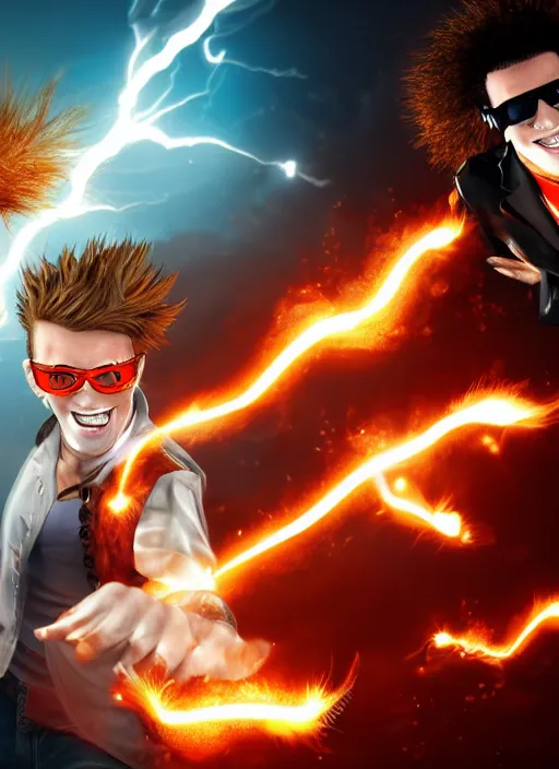 Image similar to photorealistic young man with red spiked long hair, using an orange lens googles. Wearing white shirt, a black waistcoat. He is throwing a wild fire blast from his hands, with a vicious smile in face. dynamic lightning.