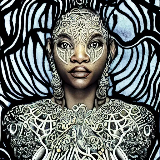 Prompt: portrait of an enchanted being, half human half divine african american goddess of chill, ultra detailed, ornate, organic, haute couture black roses and seaweed, under water, full body, upper light, symmetrical face, hyperrealistic