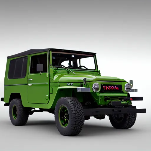 Image similar to closeup of a green Toyota Fj43 build in 1981, black roof, with a roof rack, detailed, by Leonardo da Vinci, 8K, octane render, 8K,