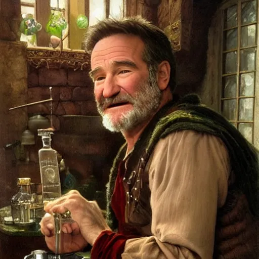 Image similar to an ultradetailed portrait of robin williams dressed as an alchemist, brewing potions in a workshop, d & d, fantasy, intricate, elegant, highly detailed, digital painting, matte, sharp focus, illustration, art by john collier and albert aublet and krenz cushart and artem demura and alphonse mucha