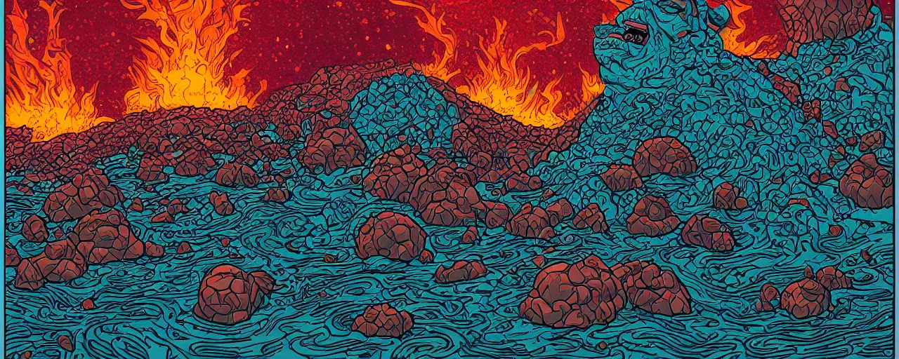 Prompt: portrait of head melting into another one, lava, laugh and surprise, by Dan Mumford