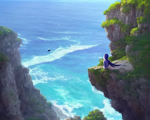 Image similar to one single Russian blue cat sitting on a cliff overlooking the sea. Blue water, nature, blue cat. By Makoto Shinkai, Stanley Artgerm Lau, WLOP, Rossdraws, James Jean, Andrei Riabovitchev, Marc Simonetti, krenz cushart, Sakimichan, D&D trending on ArtStation, digital art.