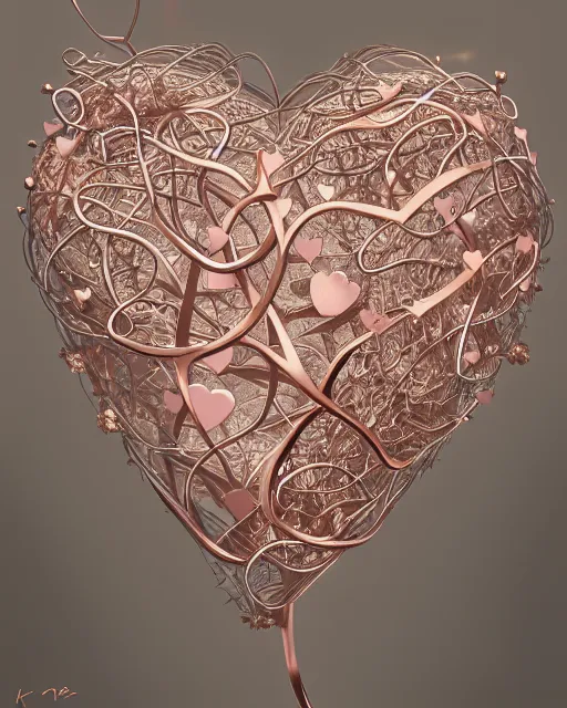 Image similar to rose gold heart, wrapped in vines, vray, machine face, intricate, elegant, highly detailed, digital painting, artstation, cgsociety, concept art, smooth, sharp focus, illustration, yoshitaka amano, art by camille corot and karol bak and kim tschang yeul, 8 k