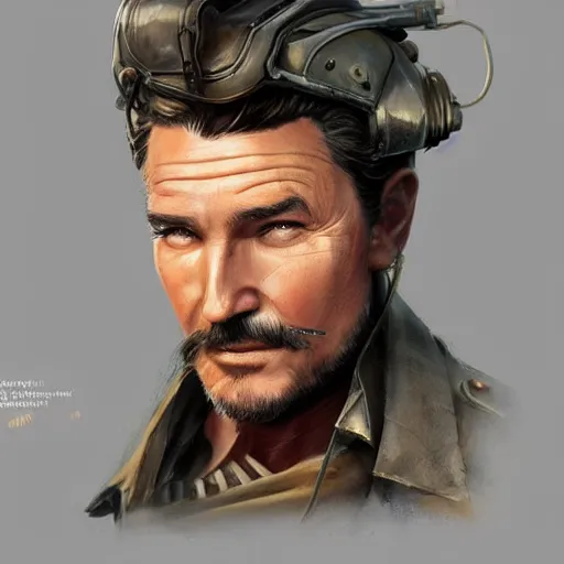 Image similar to a highly detailed epic cinematic concept art CG render digital painting artwork costume design: Errol Flynn as a 1950s sly army mechanic engineer with a thick stubble. By Greg Rutkowski, Ilya Kuvshinov, WLOP, Stanley Artgerm Lau, Ruan Jia and Fenghua Zhong, trending on ArtStation, subtle muted cinematic colors, made in Maya, Blender and Photoshop, octane render, excellent composition, cinematic atmosphere, dynamic dramatic cinematic lighting, aesthetic, very inspirational, arthouse