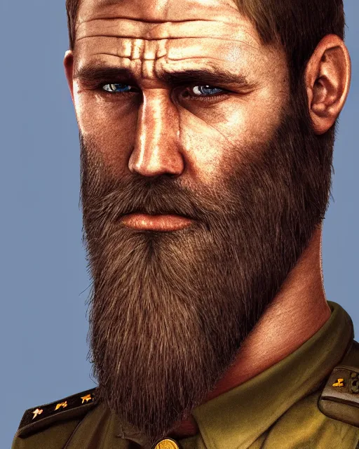 Image similar to portrait of muscular, tired and alcoholic 3 0 - year - old grieving man with short darkblonde hair, serious sad look in his eyes, looking down, dirty beard, blue eyes, crying tears, wearing dirty soldier uniform, on the desert, sad atmosphere, hyper realistic face, character art, art by mark brooks, cryengine, trending on artstation, digital art