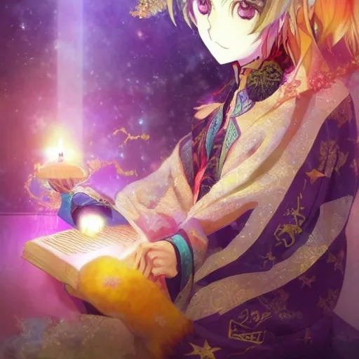 Prompt: an anime of a colorful starry fox peacock character with pronounced oni fangs, wearing star filled mage robes, sitting in a library over candlelight, anime by yuji ikehata, realistic, detailed, proper proportions, fully clothed