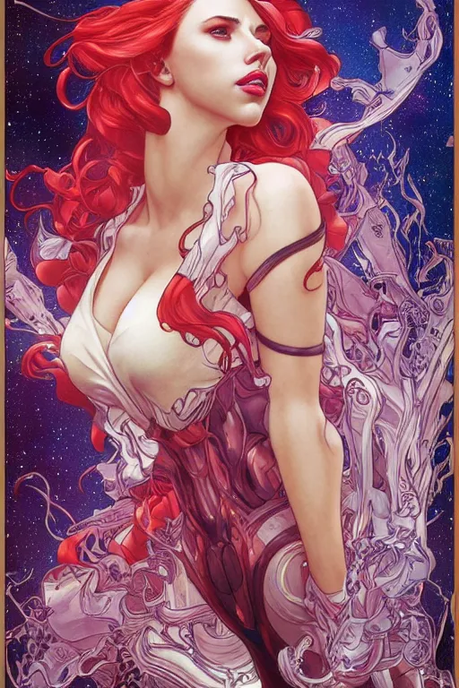 Image similar to celestial scarlett johansson, by artgerm and yoshitaka amano and moebius and alphonse mucha, hyperdetailed, dc comics, ornate, nebula, explosions in the sky, trending on artstation