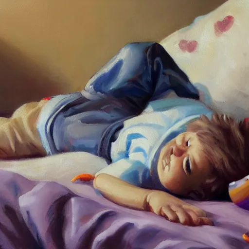 Image similar to oil painting of a boy lying on his bed holding his favourite toys at night, artstation, Detail, HD