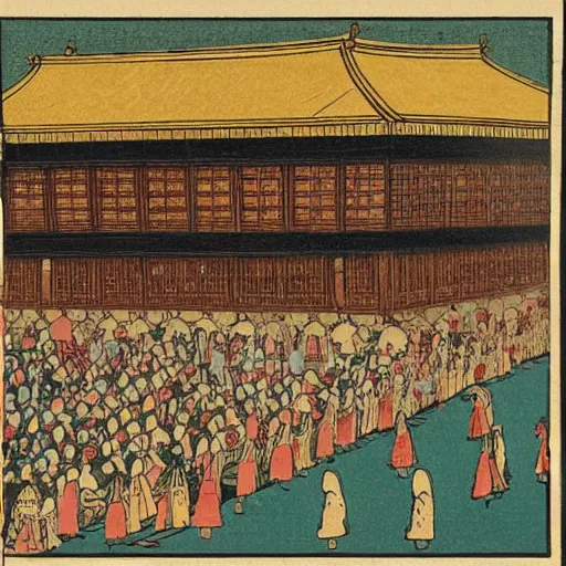 Prompt: late meiji period, colored woodblock print, muslim pilgrims circling the kaaba