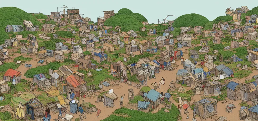 Image similar to a photorealistic digital illustration of a shady shanty town by Studio Ghibli and Herge