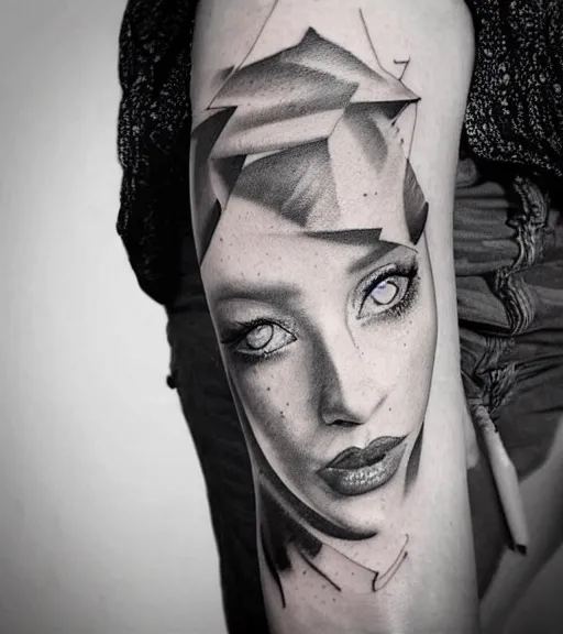 Prompt: tattoo design sketch of an extremely beautiful woman face with a faded background of beautiful mountains on her side, hyper - realistic, in the style of matteo pasqualin, amazing detail, black and white, faded