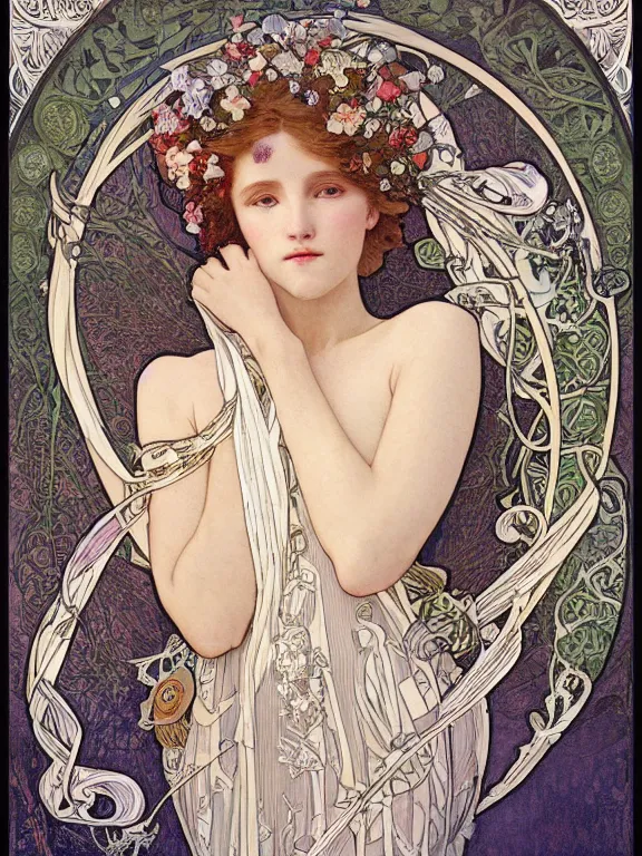 Prompt: an art nouveau mucha poster portrait oil painting of a pretty, young, moon princess surrounded by thousands of spiraling white ribbons, intricate, detailed, smooth, complex, elaborate, by bartosz kosowski and af / vf