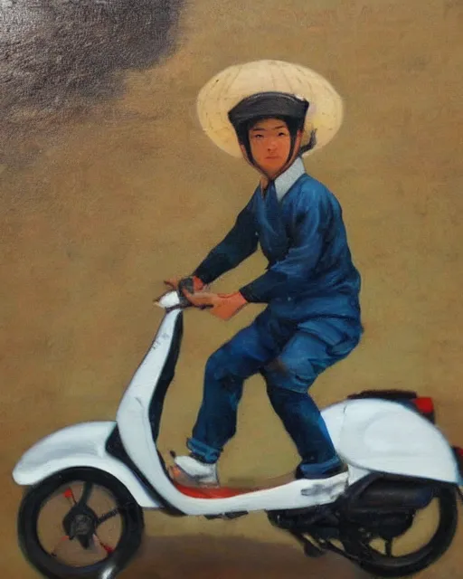 Image similar to asian school boy riding moped, aged oil painting by le pho