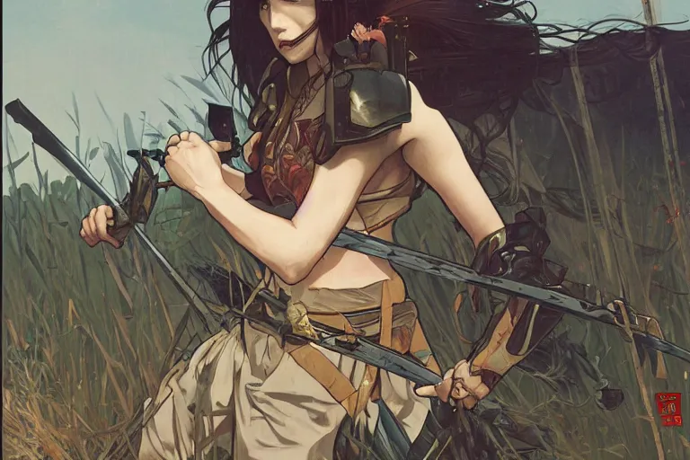 Prompt: wounded samurai in full armor on a battlefield, dusk, by fiona staples, range murata, alphonse mucha