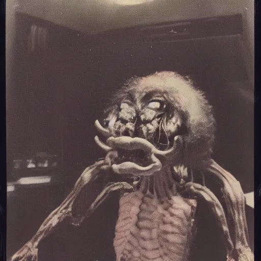 Prompt: vintage polaroid of a nightmarish mutated creature, studio lighting, from a 1 9 8 0 s japanese horror movie