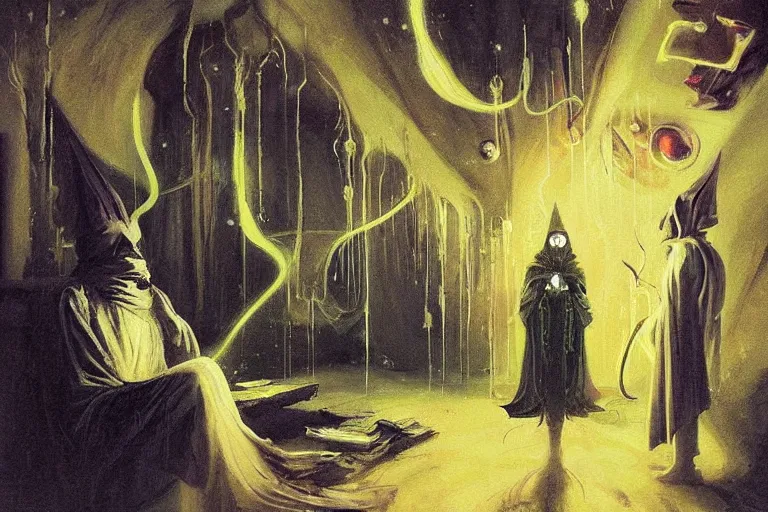Image similar to ((A beautiful masterpiece painting) (of (a technomancer wizard (in robes (with pointed hood))) (discussing sentience with (his synthesized Al djinn) (in his laboratory (near a computer))) (by (Remedios Varo) and (Anato Finnstark) and (Greg Rutkowski)) (dayglo pink, dayglo blue, dazzle camouflage) (8k, trending on ArtStation)