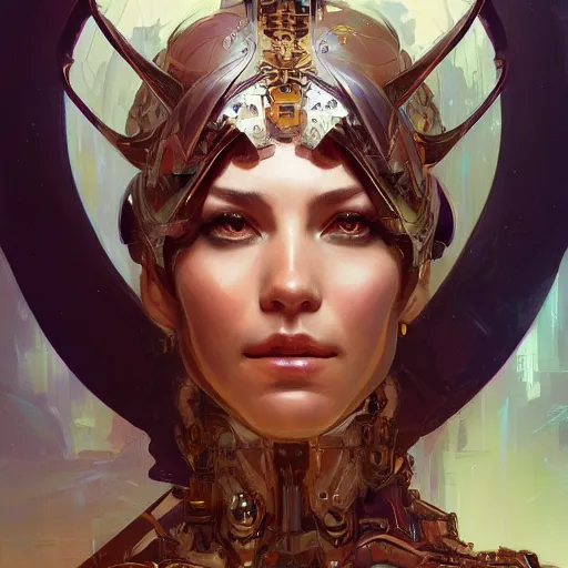 Image similar to portrait of The Cyborg Queen, fantasy, intricate, elegant, highly detailed, digital painting, artstation, concept art, smooth, sharp focus, illustration, art by artgerm and greg rutkowski and alphonse mucha