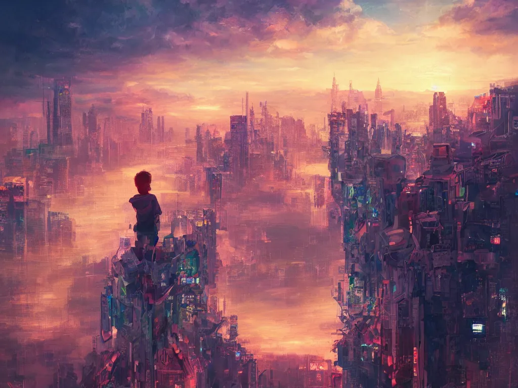 Prompt: a painting of a boy on top of a building watching a colorful sunrise futuristic city surrounded by clouds, cyberpunk art by yoshitaka amano and alena aenami, cg society contest winner, retrofuturism, matte painting, apocalypse landscape, cityscape