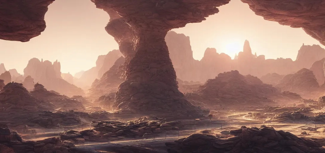 Image similar to striking view of a futuristic desert city, rock formations in the background, light rays, symmetry, cinematic lighting, ultra detailed, sharp, ambient occlusion, bloom, raytracing, by dylan cole, sebastian meyer and jordan grimmer