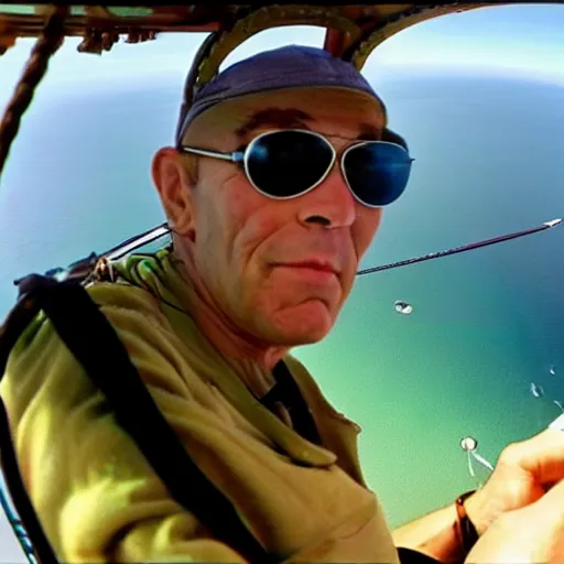 Prompt: hunter s. thompson flying a biplane over a beautiful oceanscape, 4 k,