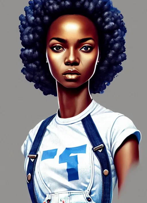 Prompt: full body portrait of beautiful black woman wearing white t - shirt and blue denim overalls, fireman's helmet, intricate, beautiful and elegant, highly detailed, digital painting, artstation, concept art, smooth, sharp focus, illustration, art by wlop, mars ravelo and greg rutkowski