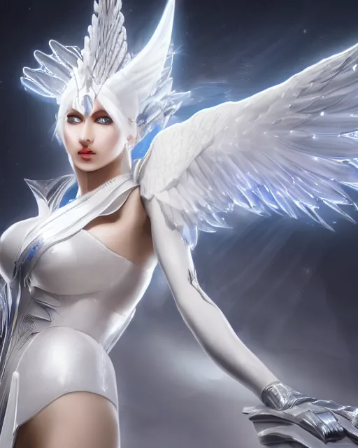 Image similar to perfect white haired attractive egyptian goddess with huge white dove wings, warframe armor, beautiful, symmetric, dreamy, half asian, pretty face, blue eyes, detailed, scifi platform, laboratory, experiment, 4 k, ultra realistic, epic lighting, android body, illuminated, cinematic, masterpiece, art by akihito tsukushi, voidstar