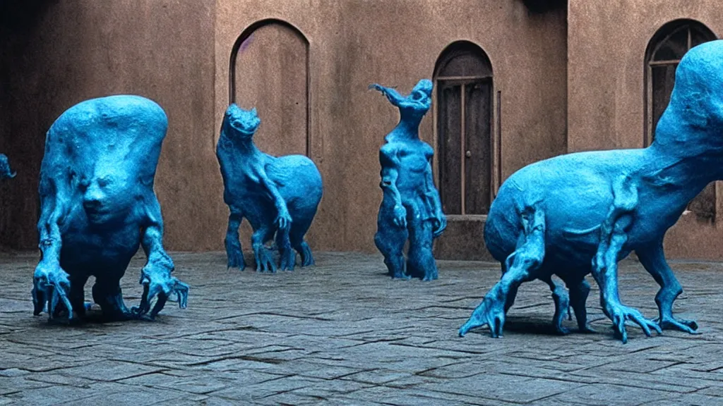 Image similar to the square creature in courtyard, made of blue liquid, surrounded by animals, film still from the movie directed by denis villeneuve and david cronenberg with art direction by salvador dali and zdzisław beksinski, wide lens