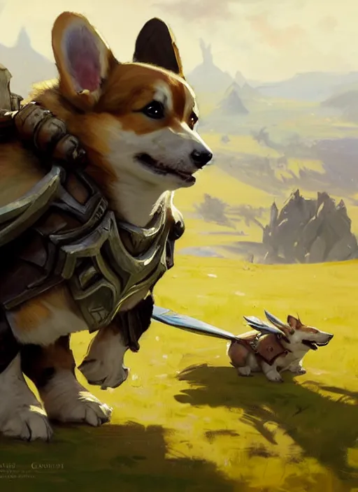 Image similar to Greg Manchess painting of a Corgi Charr from Guild Wars 2 wearing Forerunner Armor from Halo, countryside, calm, fantasy character portrait, dynamic pose, above view, sunny day, artwork by Jeremy Lipkin and Giuseppe Dangelico Pino and Michael Garmash and Rob Rey, very coherent asymmetrical artwork, sharp edges, perfect face, simple form, 100mm