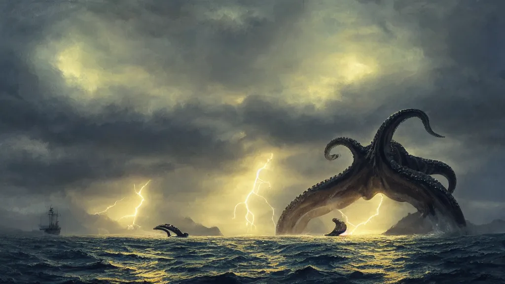 Image similar to small boat in foreground, giant big kraken in the background, lightning in background, intricate, detailed, volumetric lighting, sharp focus, scenery, photorealism, digital painting, highly detailed, concept art, ruan jia, steve mccurry