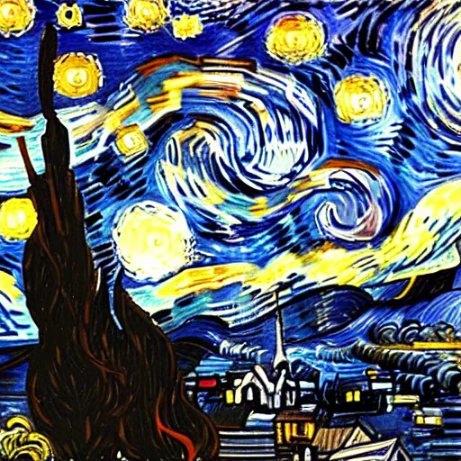 Image similar to silhouette of a flying girl with an umbrella in the style of starry nights. van gogh, cinematic composition. art station is on trend. beautiful lighting, super - detailed.