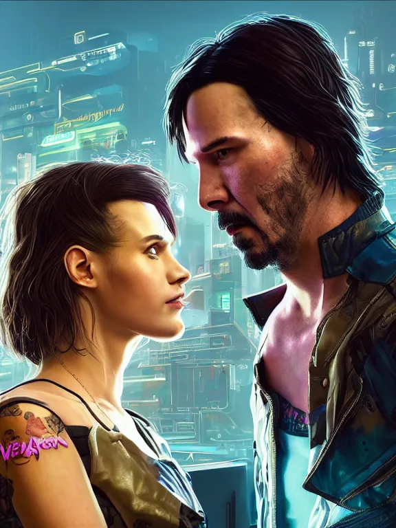 Image similar to a cyberpunk 2077 couple portrait of Keanu Reeves and V ,love story , lots of electric cable behind them connected to giant computer,film lighting,by laurie greasley,Lawrence Alma-Tadema,William Morris,Dan Mumford,trending on atrstation,face enhance,full of color,Digital painting,highly detailed,8K, octane,golden ratio,cinematic lighting