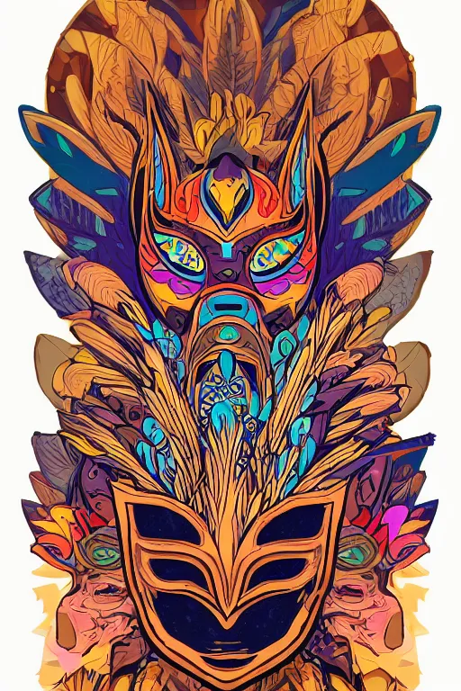 Image similar to animal mask totem roots flower tribal feather gemstone plant wood rock shaman vodoo video game vector cutout illustration vivid multicolor borderlands comics by josan gonzales and dan mumford radiating a glowing aura