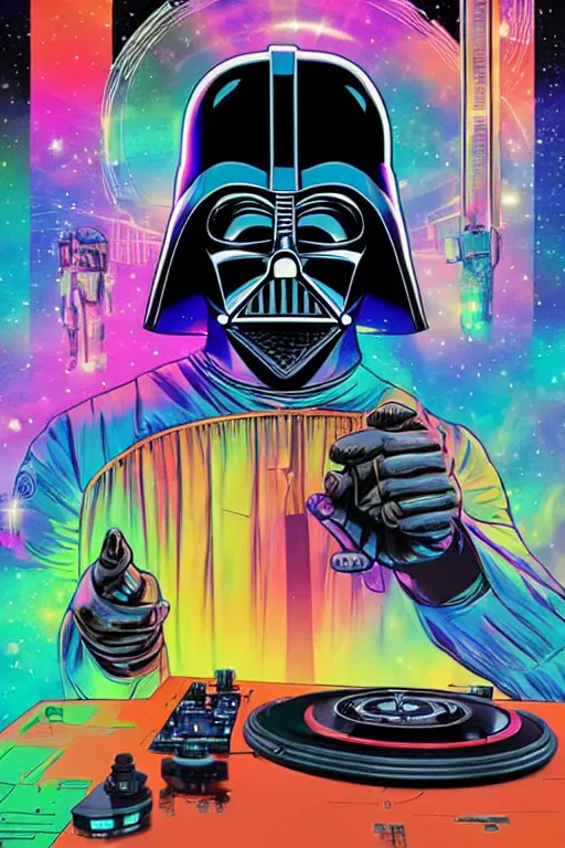 Prompt: the most amazing dream of science fiction darth vader dj spinning a turntable at an astronaut rave, dan mumford, moebius, hd, vibrant color, high contrast, digital illustration