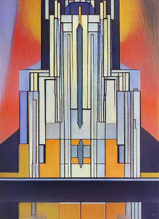 Prompt: isometric artdeco cathedral by frank lloyd wright painted by piet mondrian